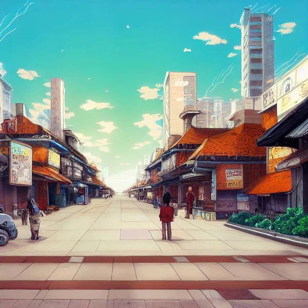anime style city with peoples. High quality 3d illustration