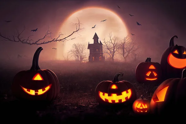 scary pumpkins smiling in halloween night. High quality 3d illustration