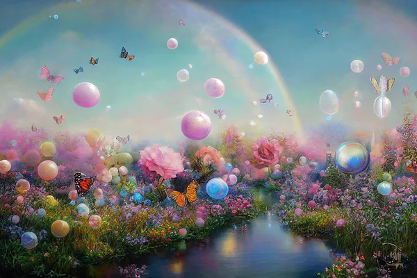 landscape enchanted garden filled with butterflies and pastel prism cocoons. High quality 3d illustration