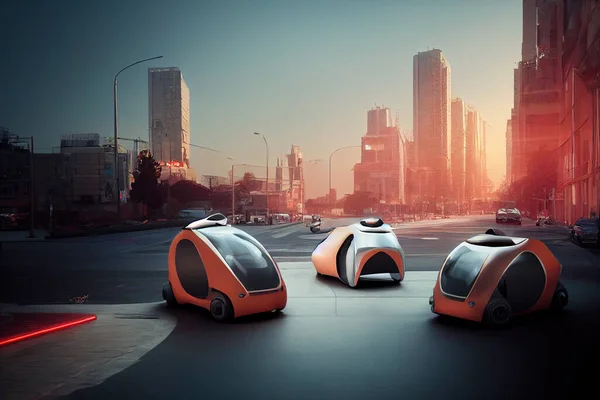 orange futuristic taxis in future city. High quality 3d illustration