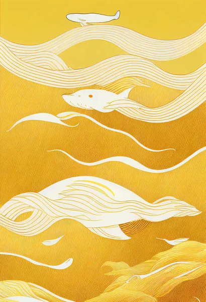 Stylish Japanese style poster with waves and whale of golden lines for textile and social media decoration, minimal art. High quality 3d illustration