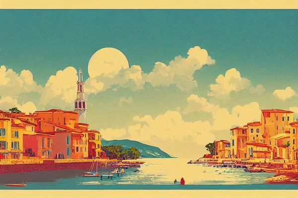 Retro Travel Poster Saint-Tropez France, old city Mediterranean. High quality 3d illustration