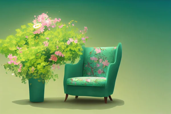 green armchair with colorful flowers on pastel green background, 2d style, anime style. High quality illustration
