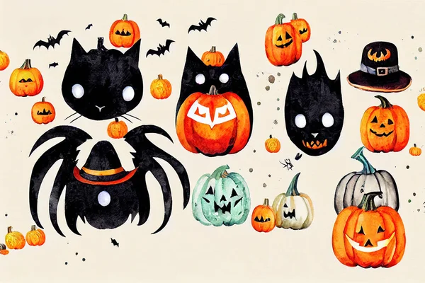 Black cat, ghosts, pumpkin hat monsters, house, bat, spider, Halloween watercolor set, Kids character clipart