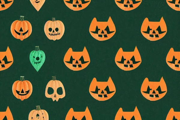 Cute seamless pattern of Halloween cat,pumpkin,skull,heart shapes on green,happy Halloween concept illustration,design for texture,fabric,clothing,decoration,wrapping,print,cartoon character v2