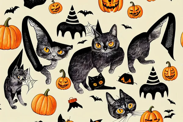 Fun hand drawn Halloween pattern with cats, hats, bats and decoration - great for textiles, banners, wallpapers, wrapping - design , Hand drawn v2