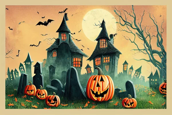 Find difference, Halloween cartoon game or spot puzzle, Kids school or preschool find difference game background with Halloween pumpkin monsters, witch on broom and ghosts on cemetery in night v2