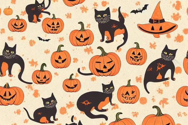 Fun hand drawn Halloween pattern with cats, hats, bats and decoration - great for textiles, banners, wallpapers, wrapping - design , Hand drawn v1