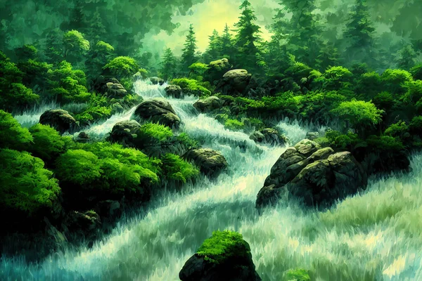 Floresta Escura Paisagem Panorama Fantasia Estilo Anime Estilo