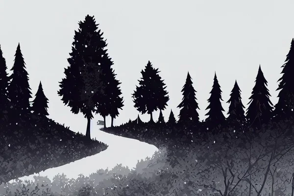 Forest, park, alley. Landscape of isolated trees. Silhouette , anime style, or hand drawing toon style
