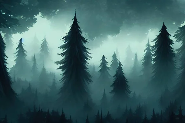 Dark foggy pine scary forest, anime style, style, toon,