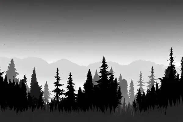 forest silhouette background.View to realistic coniferous trees. monochrome version, anime style, style, toon,