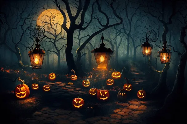 Halloween Background with Table and Lanterns in Dark Forest in Spooky Night. Halloween Design in Magical Forest