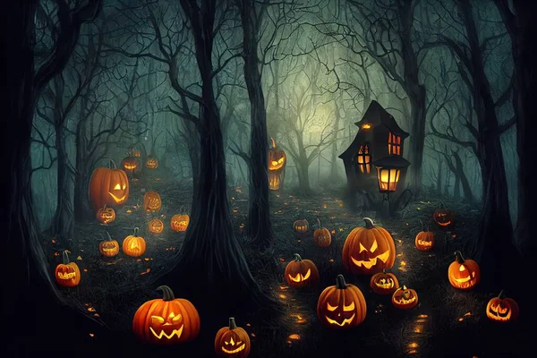 Halloween Background with Table and Lanterns in Dark Forest in Spooky Night. Halloween Design in Magical Forest