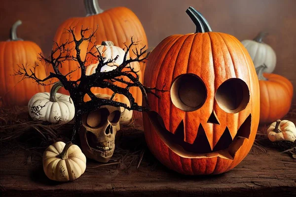 Halloween background. Scary pumpkin and spooky skull on wooden baclground.