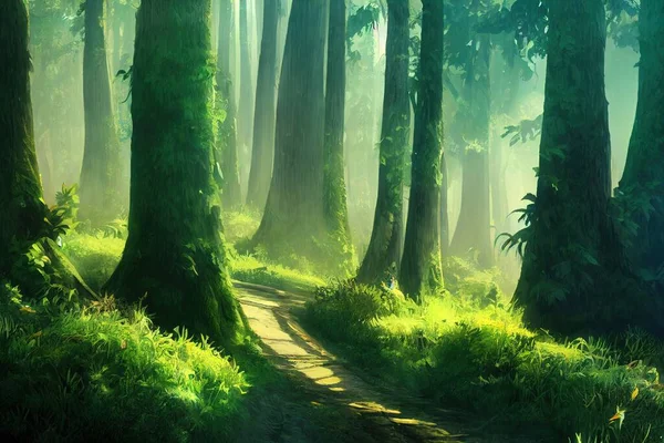 beautiful green forest, anime style style toon