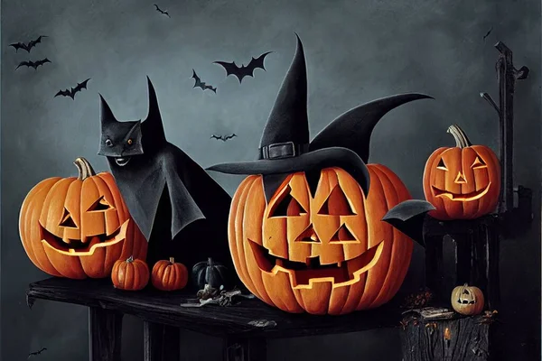 Halloween bats with pumpkins on blue wooden table