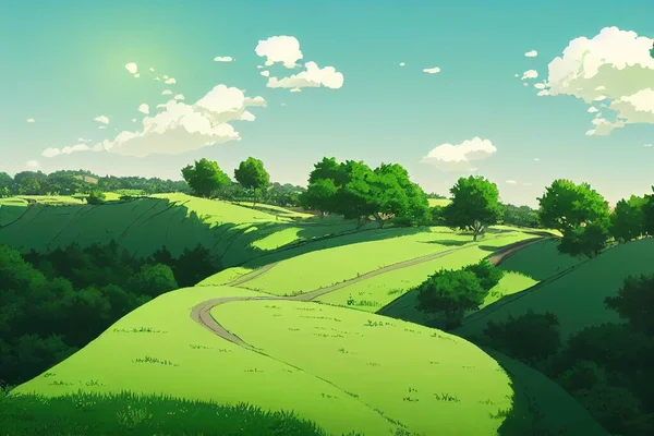 Summer green hills, anime style, cartoon style, toon style