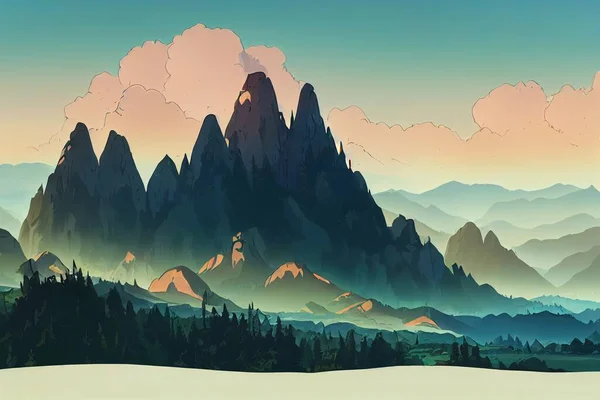 Mountain landscape with a dawn, an elongated format for the convenience of using it as a background,, anime style, cartoon style, toon style