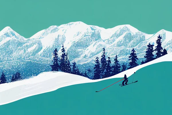 Skiing in the mountains, illustration in trendy flat style with pair of skis on the snowy landscape background,, Hand painting, painting