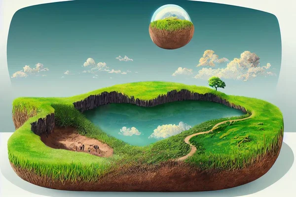 round soil ground cross section with earth land and green grass, fantasy floating island with natural on the rock, surreal float landscape with paradise concept isolated on white background anime sty