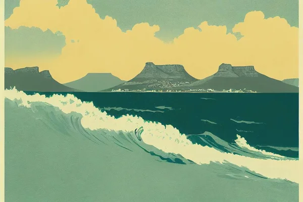 table mountain view in cape town vintage poster illustration design, vintage surf poster design, drawing style, hand draw style