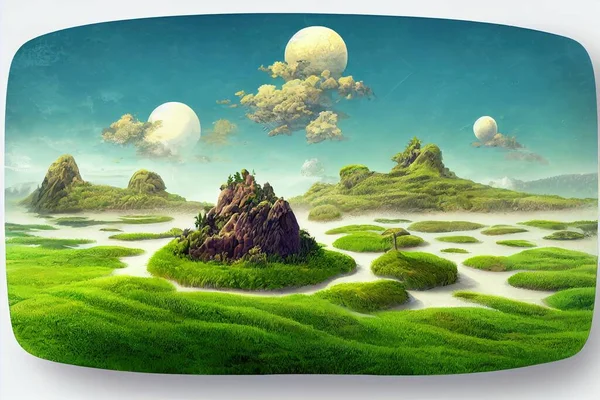 round soil ground cross section with earth land and green grass, fantasy floating island with natural on the rock, surreal float landscape with paradise concept isolated on white background anime sty