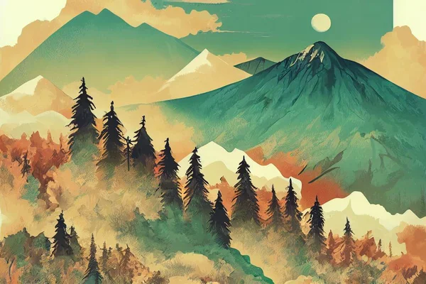 Wilderness graphic print design for t shirt and others, Mountain and wild tree vintage artwork,, anime style, cartoon style, toon style