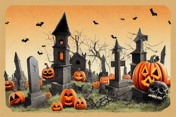 Graveyard and high spooky castle on top, cemetery with skulls and candles, pumpkins with lights and ghosts. Halloween landscape scene, small boneyard with tombstones and dry trees. Cartoon --ar