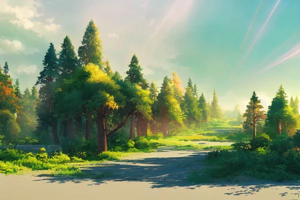 Panorama of a scenic forest of fresh green deciduous trees with the sun casting its rays of light through the foliage, anime style, style, toon,