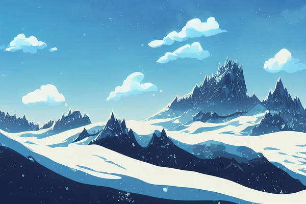 background of snowy mountains anime style, cartoon style toon style