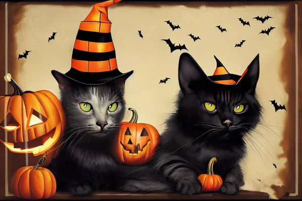 Halloween cat with hat, 2d cartoony illustration
