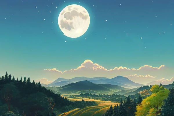Day and night landscape with hills, forest, fir-trees, view at scenery with clear sky, full moon, summer fields with bushes and plants, nobody, ecological, non-urban, scene of countryside, wild, anime