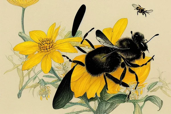 The bee looking for nectar on the yellow mountain flower, drawing style, hand draw style