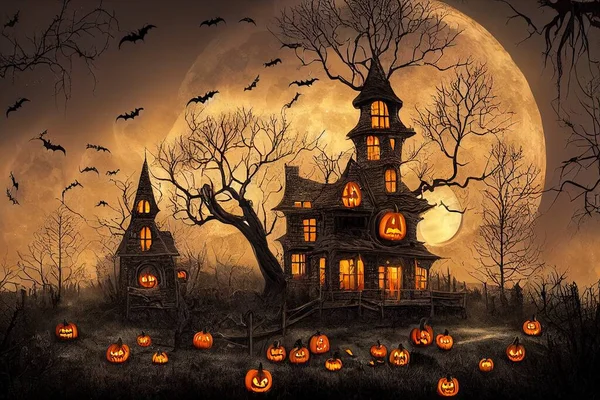 Halloween background with haunted house, full moon, pumpkins and trees