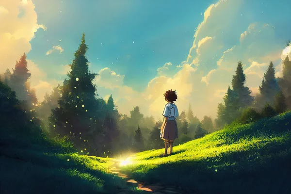 Light shining down in nature, anime style, style, toon,