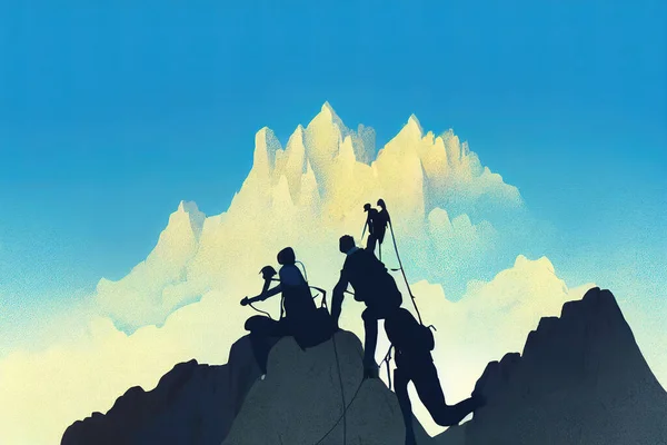 Silhouette Two Male hikers climbing up mountain cliff and one of them giving helping hand, People helping and, team work concept,, anime cartoon style, drawing