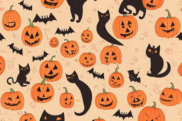 Halloween cartoon pattern. Cute dressed cats seasonal party. illustration