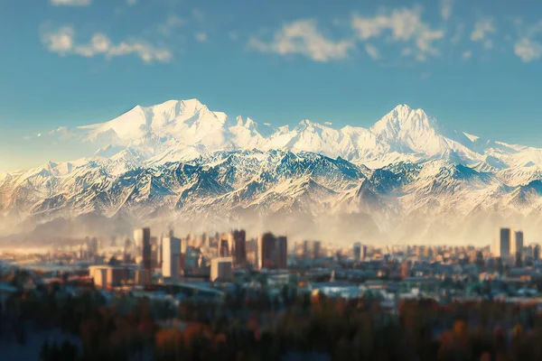 View over Almaty with snow capped mountains in the background, Almaty, Kazakhstan, realistic style, 8k, nature photography, artstation