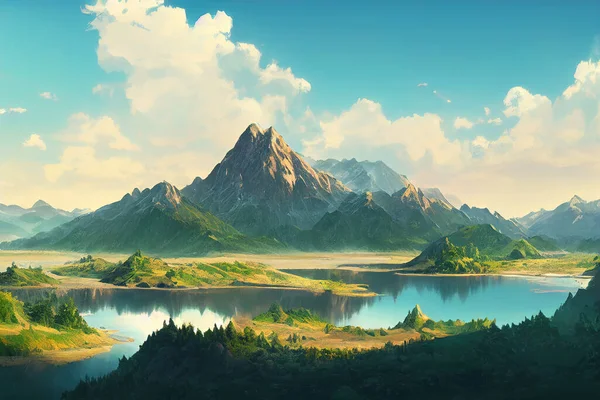 Mountain landscape, lake and mountain range, large panorama, Altai, anime style