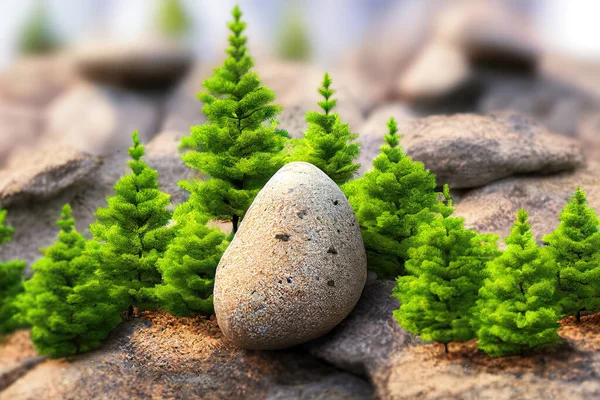 Cutout rock surrounded by fir trees. Garden design isolated on white background. Decorative shrub for landscaping. High quality clipping mask for professionnal composition. Stones in the forest., anim