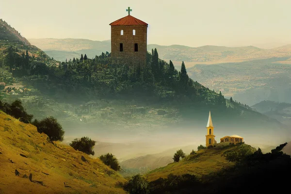 Chapel and cross in the mountains in Lebanon, Panoramic view of the Kadisha Valley, The place of the ancient Christian community