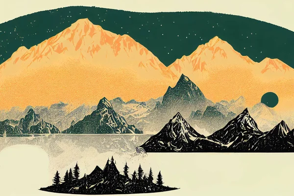 Mountain adventure vintage print design for t shirt, Wild lake artwork design,, 2d illustration, 2d style