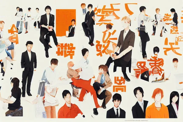 anime style, Contemporary art collage made of shots of young men and women, managers working hardly isolated over white background, Concept of business, finance, career, co-workers, teambuilding. Fly