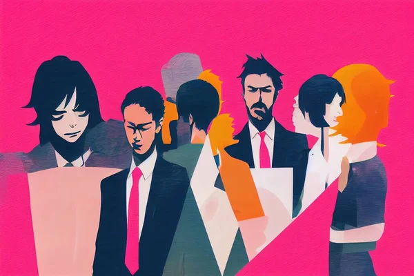 anime style, Business process. Contemporary art collage made of shots of young men and women, managers working hardly isolated over pink background, Concept of art, finance, career, co-workers, team