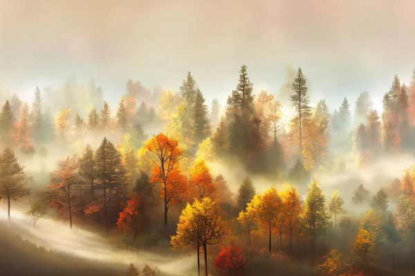 Panorama of the autumn misty forest. Autumn forest mist panoramic landscape. Forest mist in autumn panorama. Autumn morning fog in forest2d style, anime style V1 High quality 2d illustration