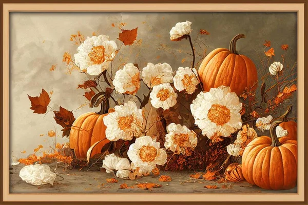 Frame made of autumn composition with cotton flowers and pumpkins on beige background , anime style