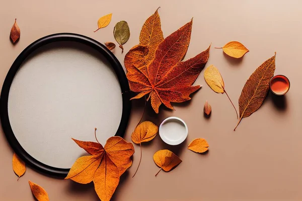 Flat lay composition with autumn leaf Autumn, fall concept Flat lay, top view,, circle Minimalistic concept High quality photo , anime style