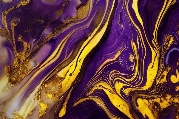 Luxury abstract fluid art painting in alcohol ink technique, mixture of green, purple and gold paints. Imitation of marble stone cut, glowing golden veins.