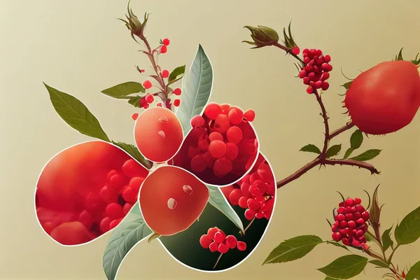 Background logo with rosehip flower and berries. High quality illustration